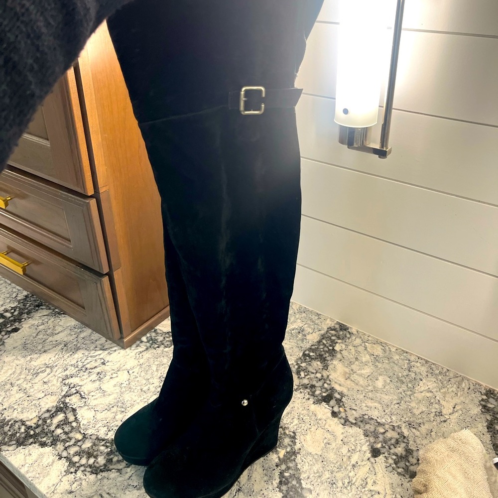 Over the knee black velvet platform boots